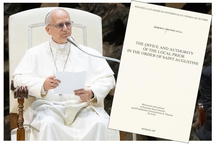 The cover of the future Pope Leo XIV’s dissertation is seen in the foreground, with Pope Leo XIV speaking to journalists in the Paul VI Audience Hall on May 12 in the background.