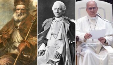 L to R: Pope Leo I, Pope Leo XIII and Pope Leo XIV