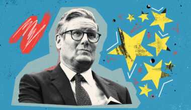 Collage style illustration of Kier Starmer on a blue background with yellow stars next to him