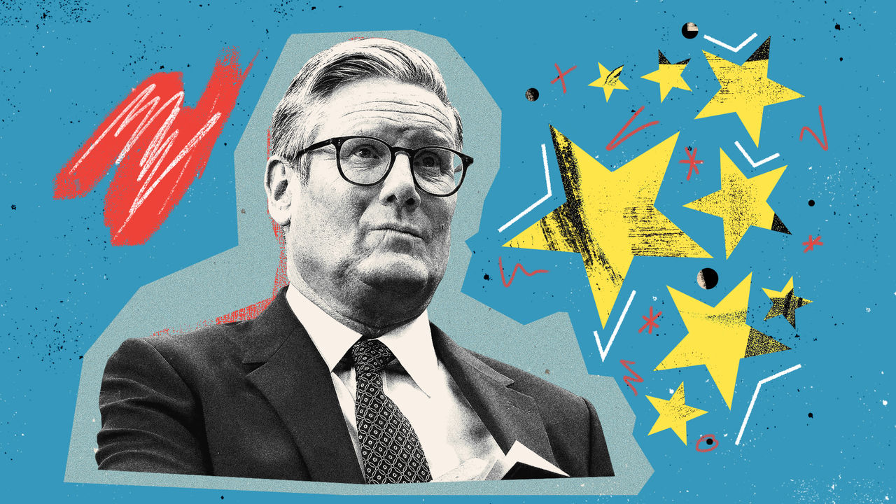 Collage style illustration of Kier Starmer on a blue background with yellow stars next to him