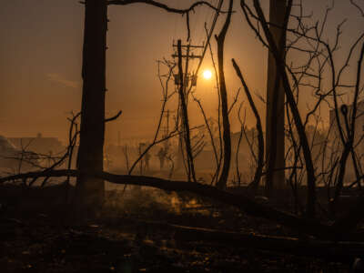 Vegetation smolders as television crews report nearby a destroyed business from a wildfire on April 24, 2025, in Forked River, New Jersey.