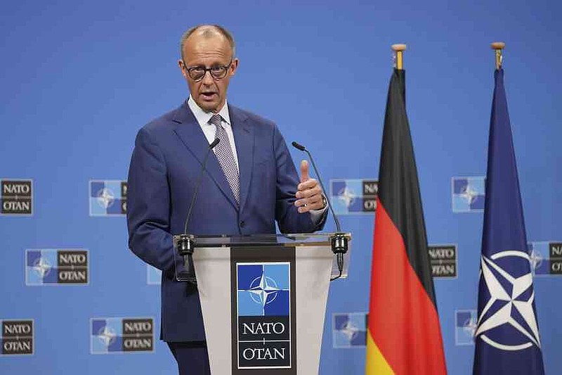 Germany's Chancellor Friedrich Merz addresses the media at NATO headquarters in Brussels, Friday, May 9, 2025. (AP Photo/Virginia Mayo)
