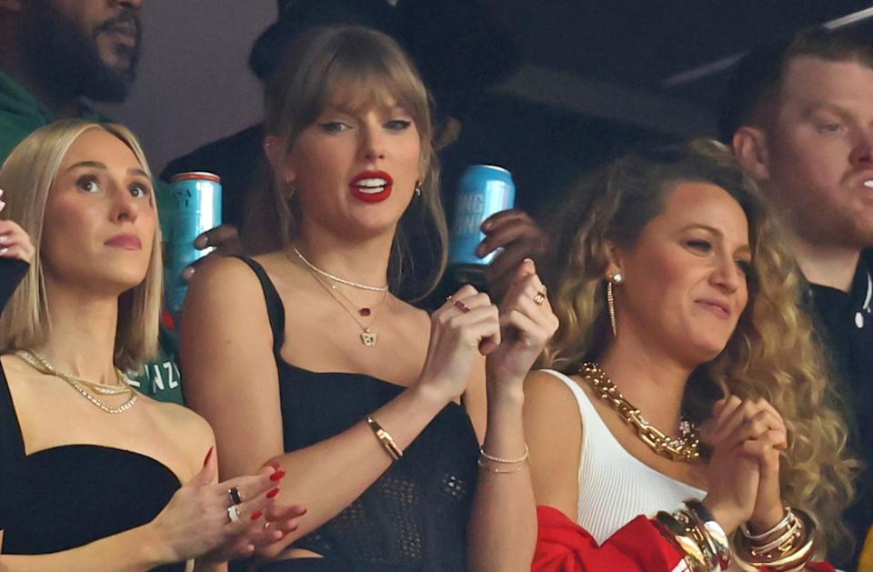 Recording artist Taylor Swift and actress Blake Lively attend Super Bowl LVIII between the Kansas City Chiefs and the San Francisco 49ers at Allegiant Stadium.Mark J&period; Rebilas-Imagn Images