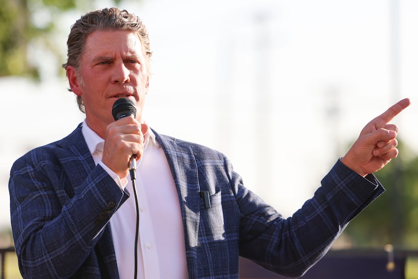 Tarrant County Republican Party Chair Bo French speaks during a rally, on Tuesday, April 15,...