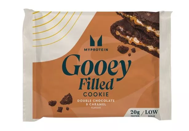 Myprotein packet of its double chocolate and caramel gooey filled cookie