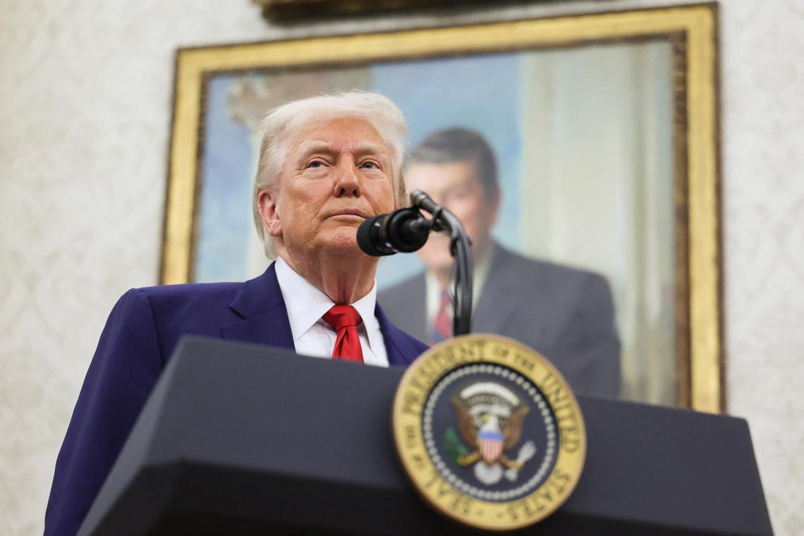 U.S. President Donald Trump looks on as he takes questions from the press during a swearing-in ceremony for the interim U.S. Attorney for the District of Columbia, Jeanine Pirro, at the White House in Washington, D.C., U.S., May 28, 2025. REUTERS/Leah Millis/File Photo