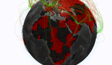 [OC] Countries related to or mentioning “Trump” and “conflict” in global news over the past 48 hours, visualized geospatially with arcs and polygon heatmap.