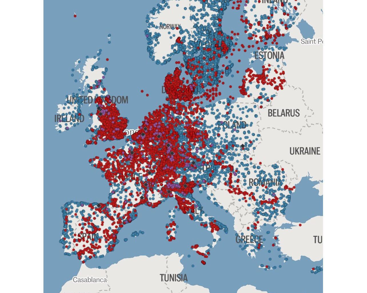 Map showing extremely dangerous levels of PFAS contamination across Europe