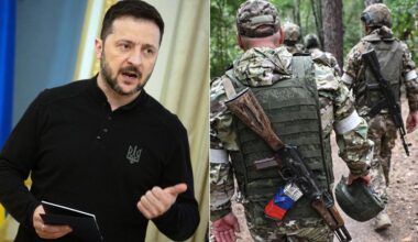 Wolodymyr Selenskyj deutend sprechend zur Seite, russische Soldaten gehen durch ein Waldgebiet