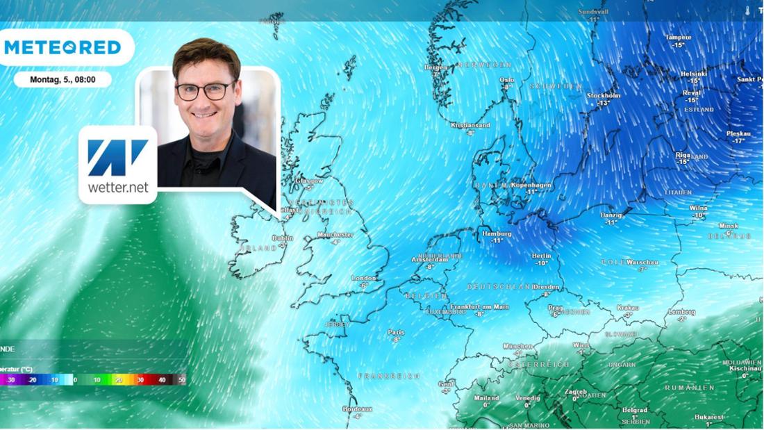 Die Wetterkarte zeigt die Polarluftmassen aus Nordeuropa.
