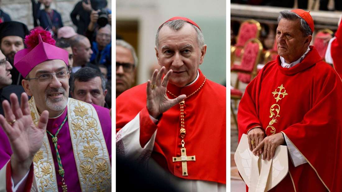 Die Kardinäle Pierbattista Pizzaballa (links), Mario Grech (rechts) und Pietro Parolin (mitte) zählen zu den Anwärtern auf den Papstthron.