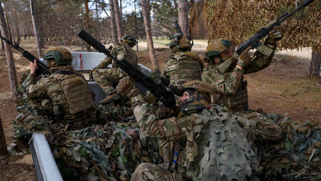 Soldaten halten Gewehre im Gelände im Anschlag