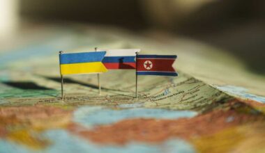 Ukraine, Kyiv - 2024 October 19: Ukraine, North Korea and Russia flags on Ukraine geopolitical map. North Korea fights on Ukraine lands