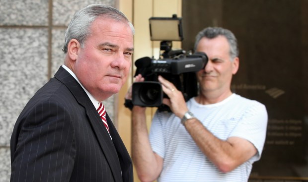 Former Connecticut Governor John Rowland received a pardon Wednesday from President Donald J. Trump. Here, he leaves federal court in New Haven in 2014 after the first day of his trial.