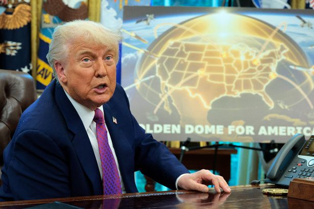  U.S. President Donald Trump speaks in the Oval Office at the White House on May 20, 2025 in Washington, DC. President Trump announced his plans for the "Golden Dome," a national ballistic and cruise missile defense system