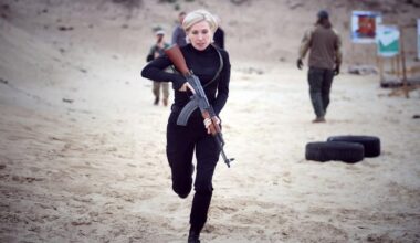 The Ukrainian politician, Iryna Vereshchuk, during training with Ukrainian civilians, at a firing range with soldiers of the Ukrainian Army - in the Kyiv Oblast.