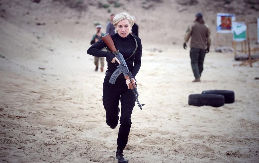 The Ukrainian politician, Iryna Vereshchuk, during training with Ukrainian civilians, at a firing range with soldiers of the Ukrainian Army - in the Kyiv Oblast.