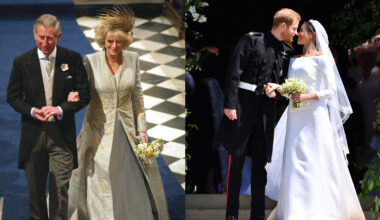 Queen Camilla and King Charles walking down the aisle on their wedding day next to a photo of Prince Harry and Meghan Markle kissing on their wedding day