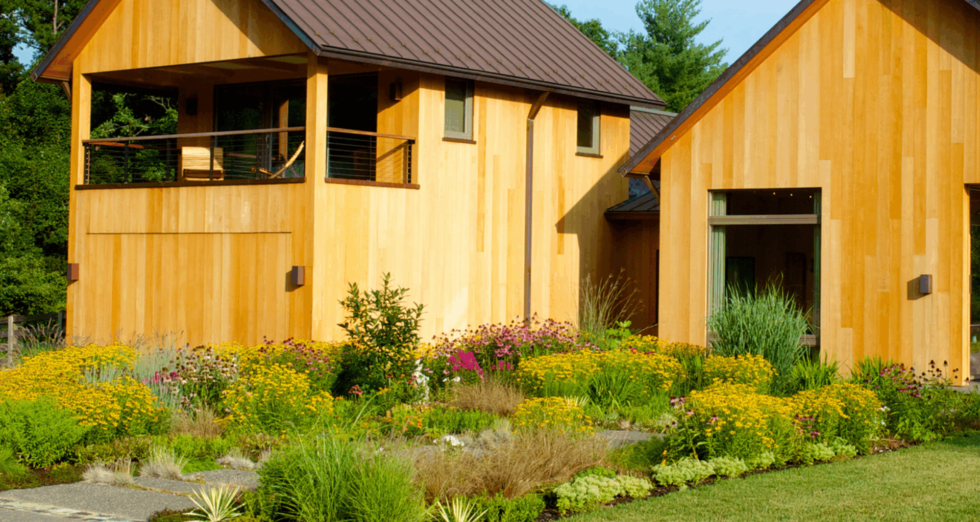 beautiful wildflower lawn in front of a modern wooden cabin house