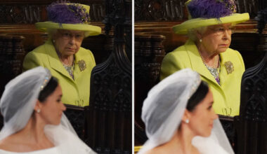 Queen Elizabeth wears a lime green outfit and looks at Meghan Markle who is wearing a veil and white wedding dress at her nuptials to Prince Harry on May 19, 2018