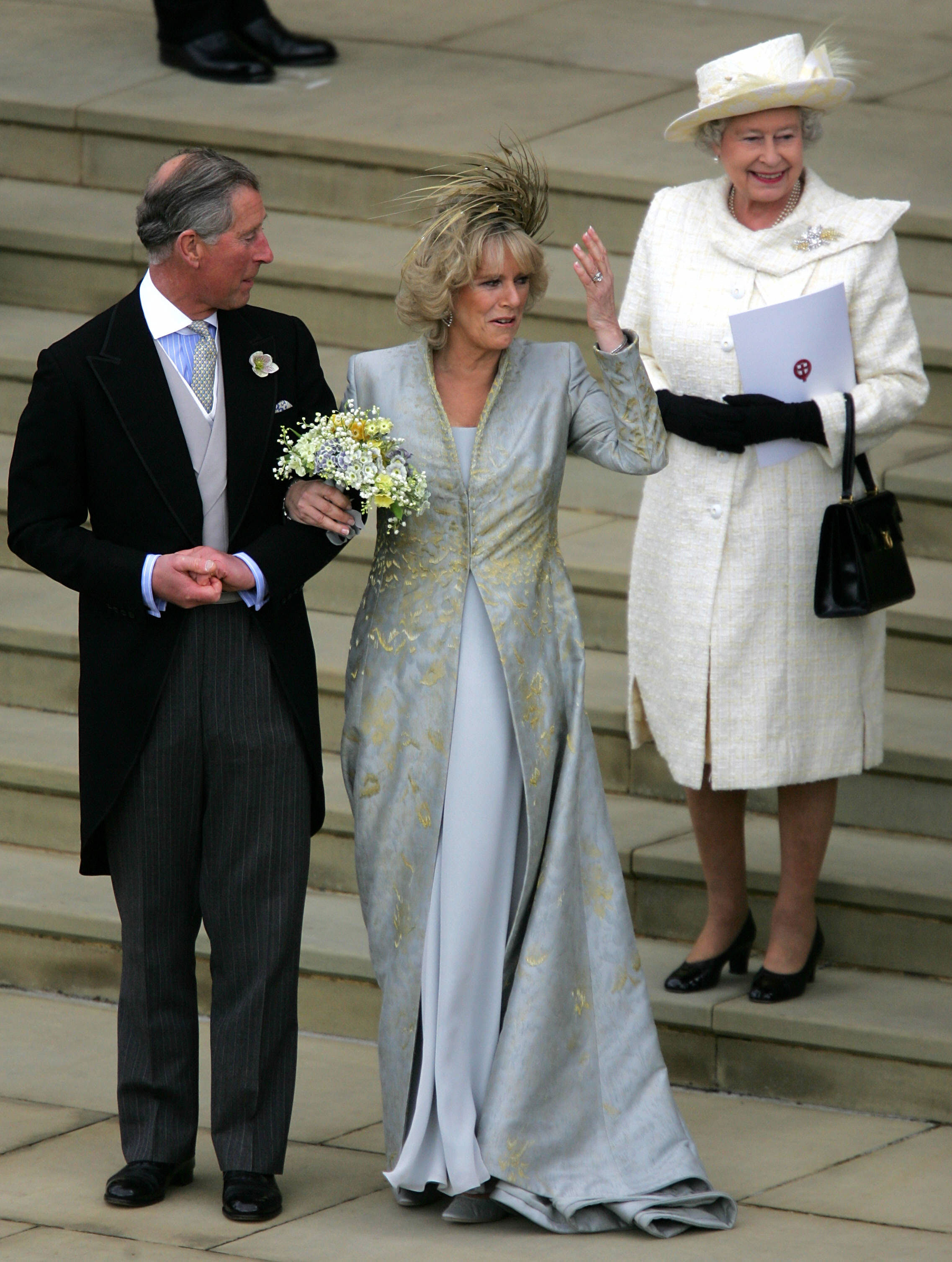 Queen Camilla and King Charles with Queen Elizabeth on their wedding day