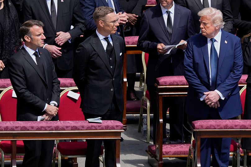 French President Emmanuel Macron, Finland's President Alexander Stubb and  US President Donald Trump, attend the funeral of Pope Francis at the Vatican, 26 April 2025