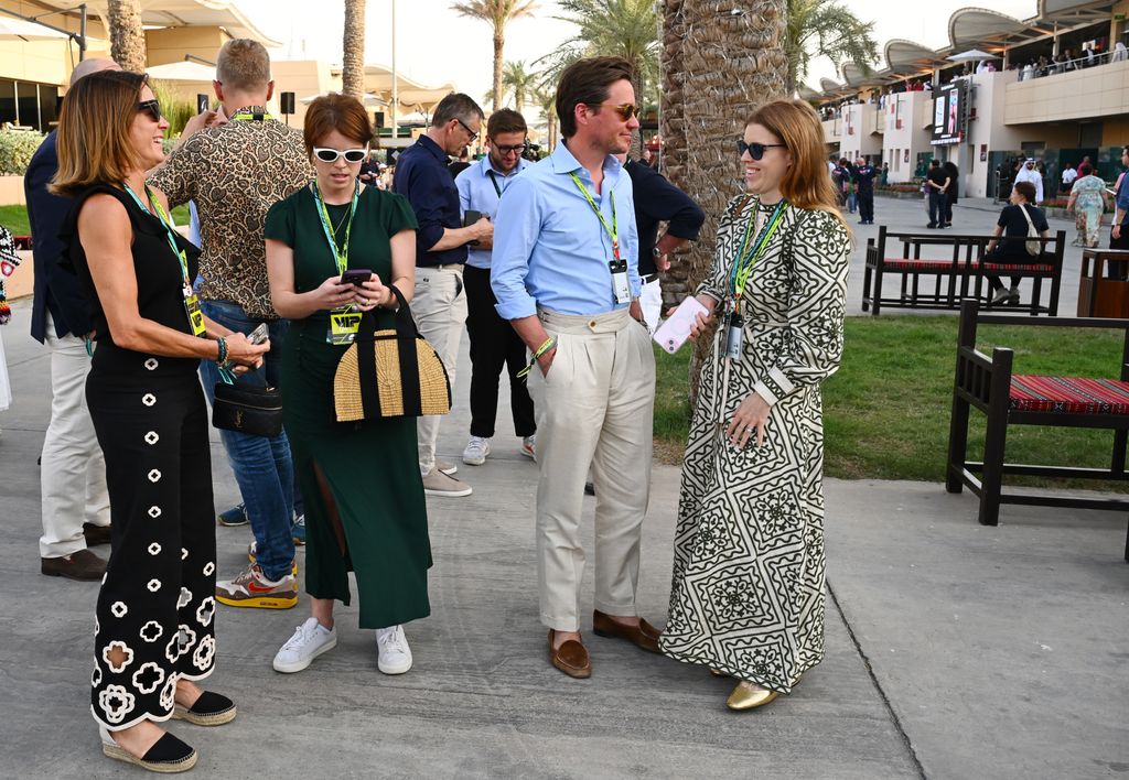 Princess Beatrice and Princess Eugenie in the Paddock prior to the F1 Grand Prix of Bahrain