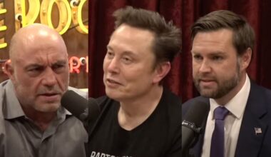 Joe Rogan (left), Elon Musk (middle) and J.D. Vance (right) [Image Courtesy: @joerogan on YouTube]