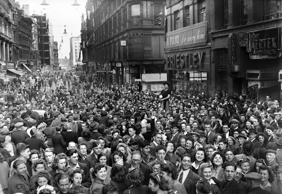 Victory celebrations in Central Birmingham at the end of the Second World War. 15th May 1945. (Photo by Birmingham Post and Mail Archive/Mirrorpix/Mirrorpix via Getty Images)