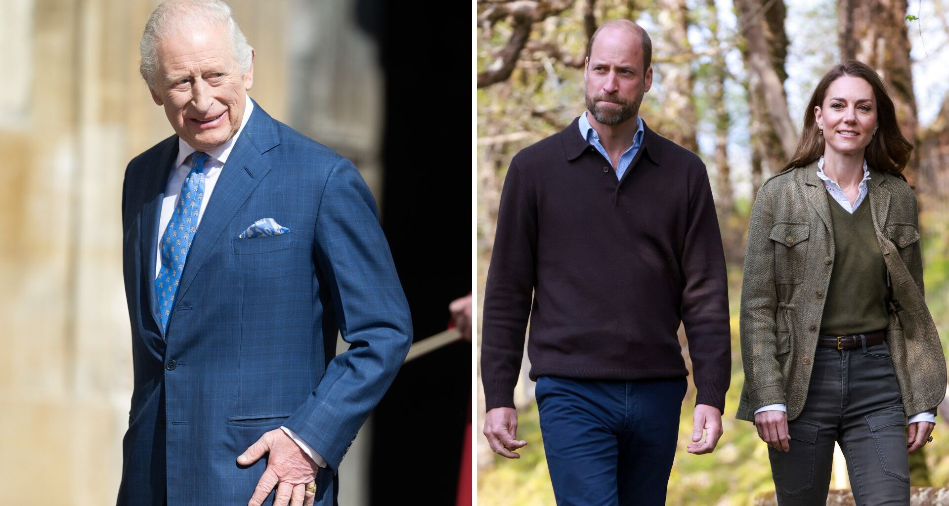 Composite of a picture of King Charles on Easter Sunday 2025 and a picture of Prince William and Kate on the Isle of Mull in 2025