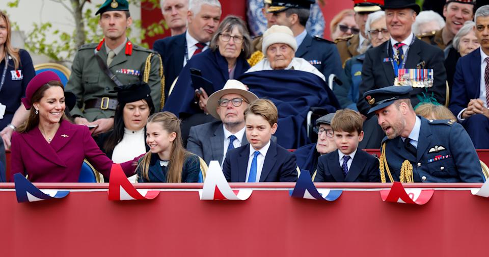 Princess Kate, Princess Charlotte, Prince George, Prince Louis and Prince William at a VE Day parade