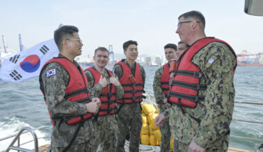 This file photo, provided by the South Korean Navy, shows Rear Adm. Neil Koprowski, right, commander of the U.S. Naval Forces Korea. [YONHAP]