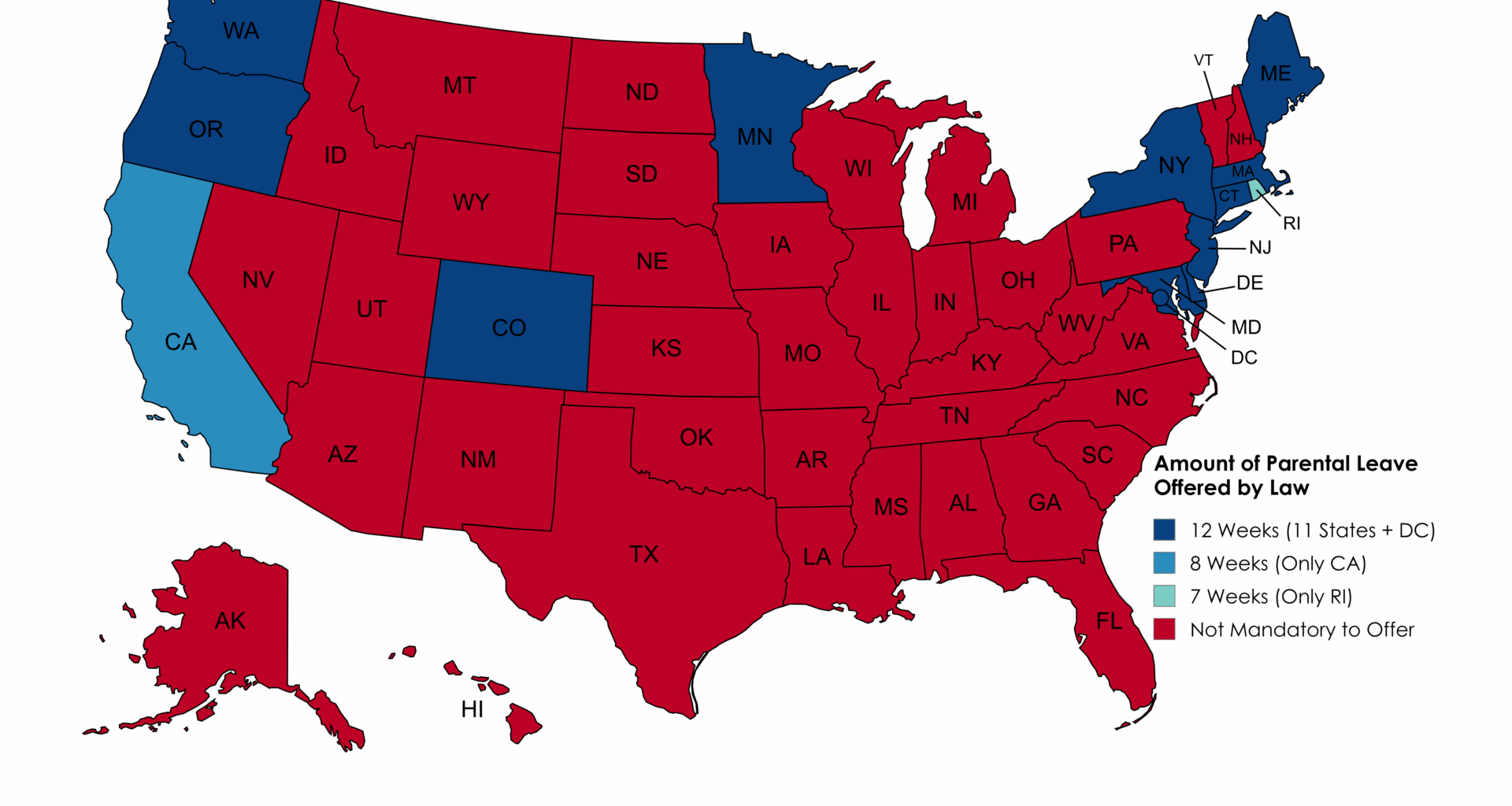 [OC] Amount of Parental Leave Employers are Mandated to Offer by U.S. State