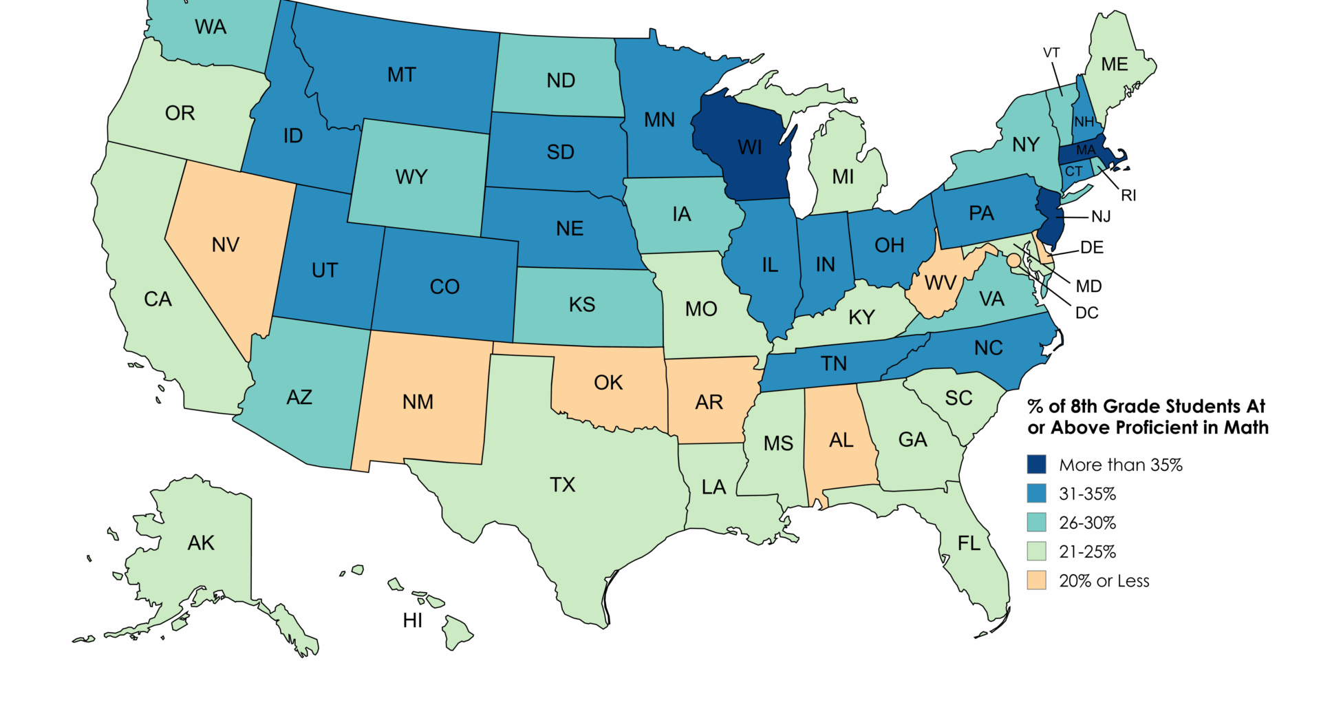 [OC] Where Students Can Count - % of 8th Grade Students At or Above Proficient in Math by State (NAEP Scores 2024)