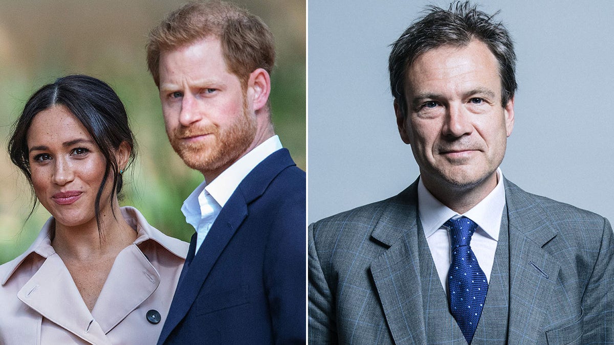 Side by side photo of Meghan Markle and Prince Harry and Bob Seely