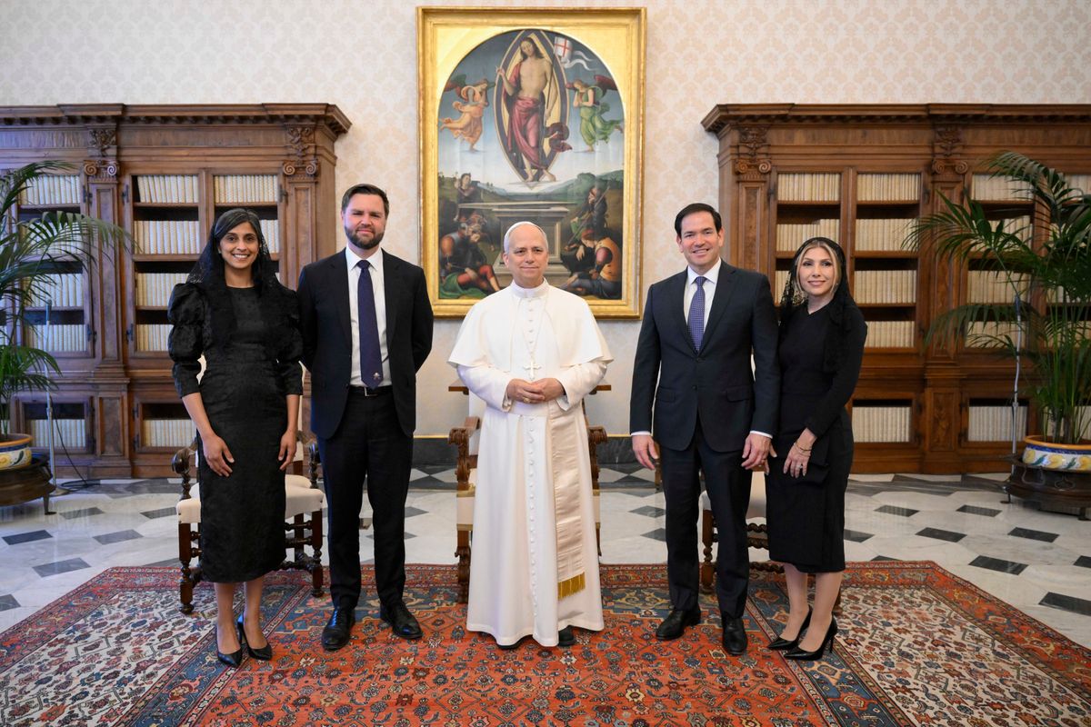  Pope Leo XIV meets with US Vice President JD Vance, his wife Usha Vance, Secretary of State Marco Rubio and wife Jeanette Dousdebes Rubio,