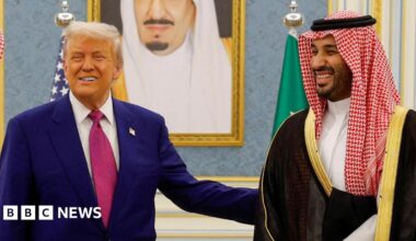 Flags of Saudi Arabia and the US along a highway for the visit of US President Donald Trump visit in Riyadh, Saudi Arabia