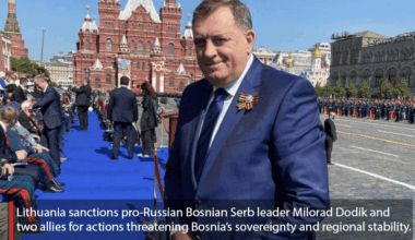 Lithuania sanctions pro-Russian Bosnian Serb leader Milorad Dodik and two allies for actions threatening Bosnia’s sovereignty and regional stability. They’re banned from entering Lithuania until April 2030. The move followed consultations with Lithuania’s allies.