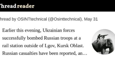 Earlier this evening, Ukrainian forces successfully bombed Russian troops at a rail station outside of Lgov, Kursk Oblast. Russian casualties have been reported, and the area is ablaze.
