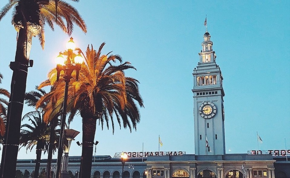 One Market Restaurant and the Ferry Building clock tower in San Francisco.