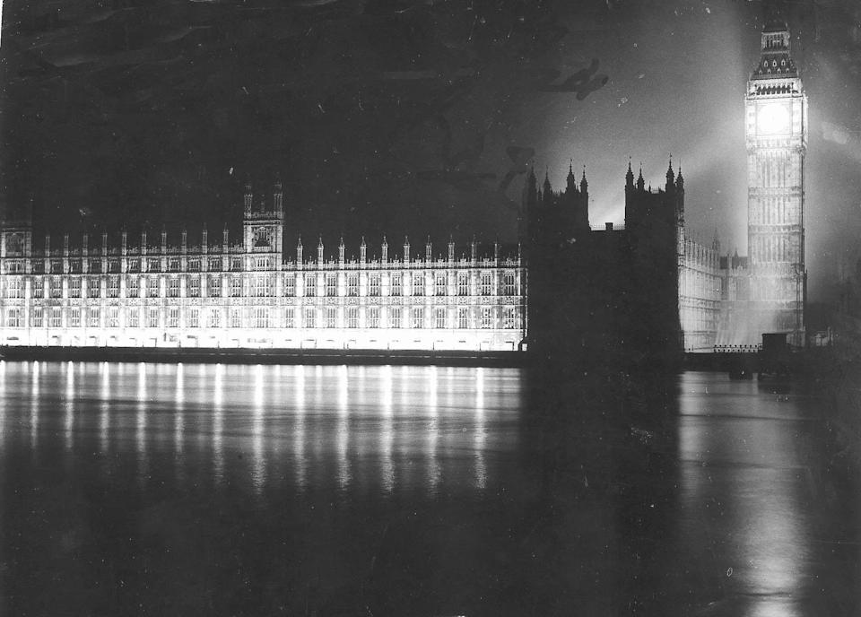 The lights go back on at the Palace of Westminster London for the VE Day celebrations end of WW2 in Europe May 1945