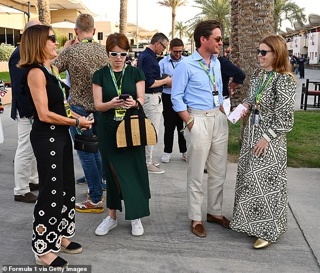 Princess Beatirce, 36, looked elegant in a khaki green and white £260 Sezane dress, gold Mary Jane ballet flats while Eugenie donned a black dress and accessorised with a tan wicker bag