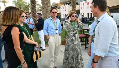 In one photograph from the F1 Grand Prix of Bahrain on Sunday, Beatrice and Eugenie appeared at first glance to be standing alongside only Edo. But Peter and his partner were also in the frame, facing away from the camera (pictured right)
