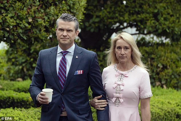 Pete Hegseth (pictured left) was accused of having another Signal chat open where he texted details of U.S. military strikes, this time to one that included his wife (pictured right) and a close friend and former Fox News colleague