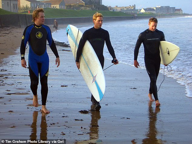 The prince, who initially studied History of Art at the top Scottish university, prepares to surf with two friends