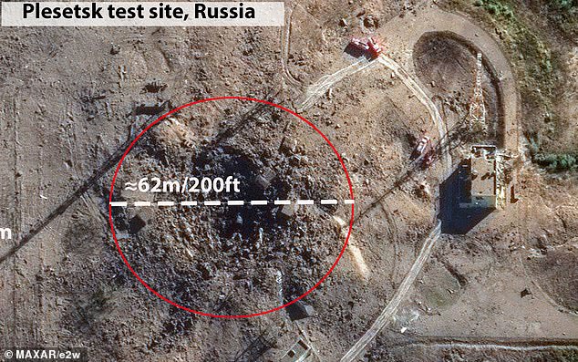 Pictured: Russia's only intercontinental ballistic missile (ICBM) test site explodes during Sarmat missile maintenance