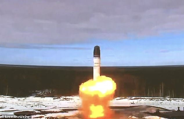 The dictator said that Moscow has the strength and the means to bring the brutal conflict to a 'logical conclusion', adding that the need to use nuclear weapons in Ukraine has not arisen and he hopes it will not. Pictured: Russia testing its new hypersonic 208-ton 15,880 'Satan-2' intercontinental ballistic missile