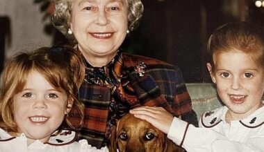 The royal sisters are pictured with their late grandmother (pictured L-R: Princess Eugenie; Queen Elizabeth II, Princess Beatrice)