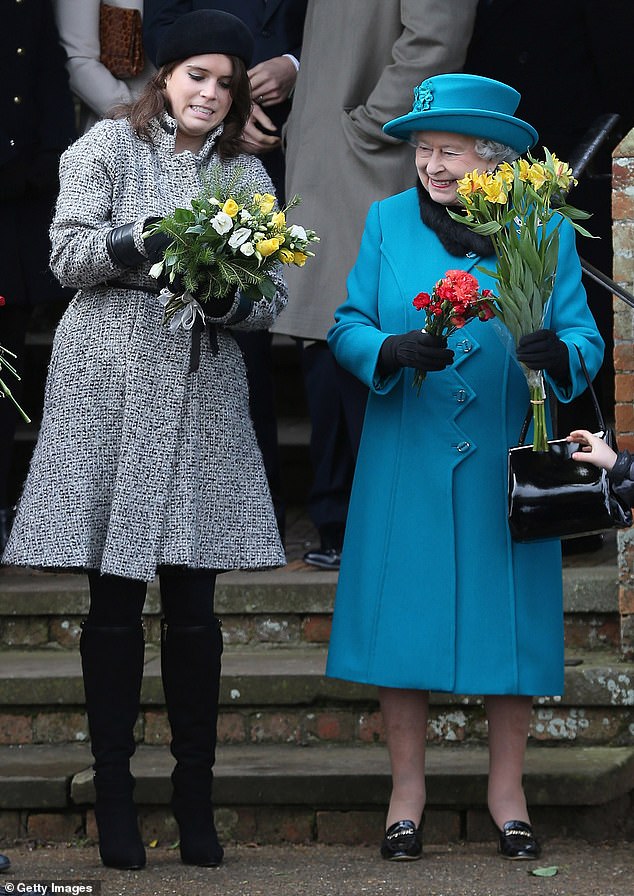 Princess Eugenie (pictured, left) and Queen Elizabeth II (pictured, right) are seen after attending the traditional Christmas Day church service in Sandringham in 2012