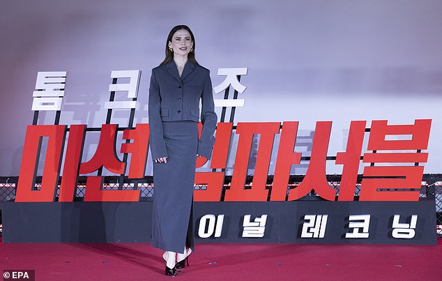 The actress, 43, looked effortlessly chic in a grey suit co-ord consisting of a structured cropped jacket and maxi skirt